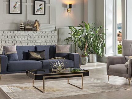 Carlino Sitzgarnitur, schlichtes und elegantes blau-beiges Wohnzimmer-set