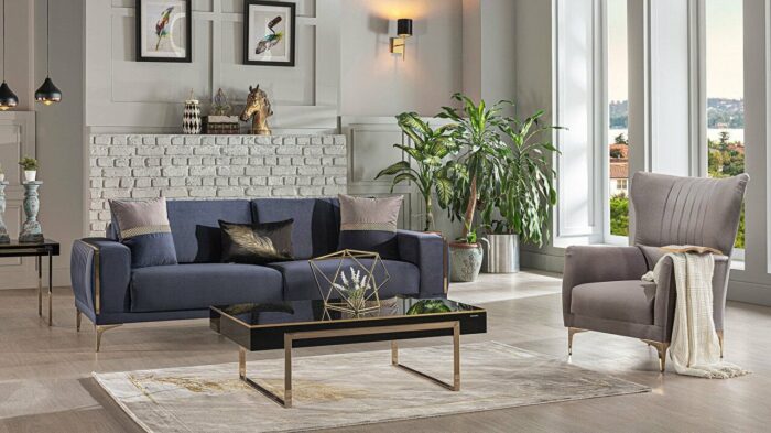 Carlino Sitzgarnitur, schlichtes und elegantes blau-beiges Wohnzimmer-set