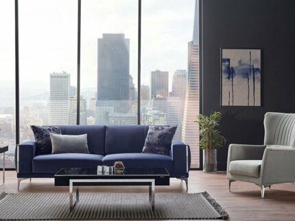 Carlino Y Sitzgarnitur, modernes dunkelblau Sofa und grauer Sessel