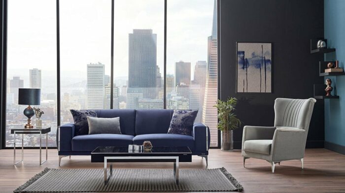 Carlino Y Sitzgarnitur, modernes dunkelblau Sofa und grauer Sessel