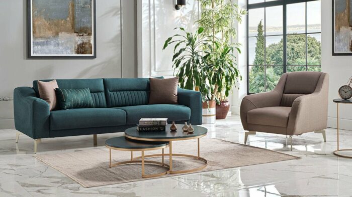 Fante Sitzgarnitur, petrolgrün sofa, beige sessel