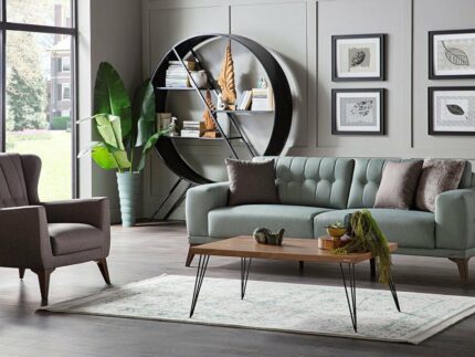 Luca Sitzgarnitur, brown armchair and mint green sofa