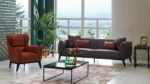 Lofty Sitzgarnitur, orange sessel und grau sofa