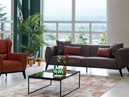 Lofty Sitzgarnitur, orange sessel und grau sofa