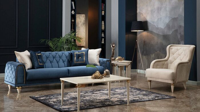 Mistral Sitzgarnitur, klassische Möbel, beige sofa und blau bergere