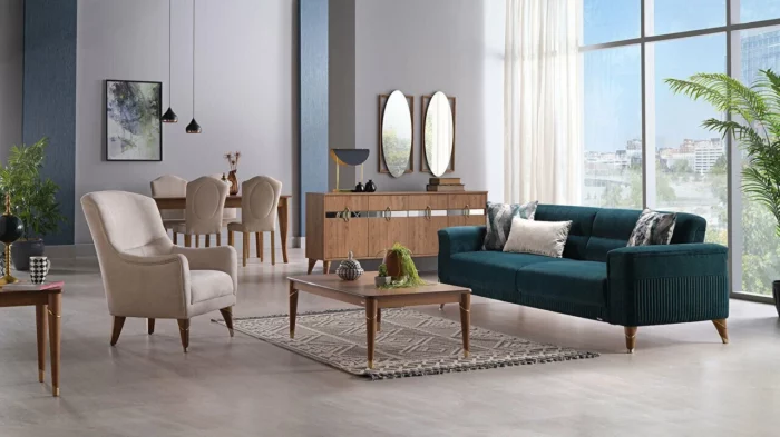 Marsilya Sitzgarnitur, petrolgrün sofa, beige sessel