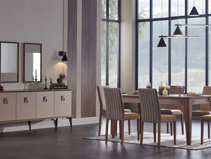 Alvis Esszimmer-Set, Nerzfarbe Sideboard + Sideboard Spiegel+ Aufziehbarer Esstisch+6 Stk. Stühle