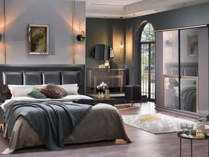 Carlino Schlafzimmerset, Schwarzes Schlafzimmer-Komplettset, transparenter Kleiderschrank mit mehreren Fächern