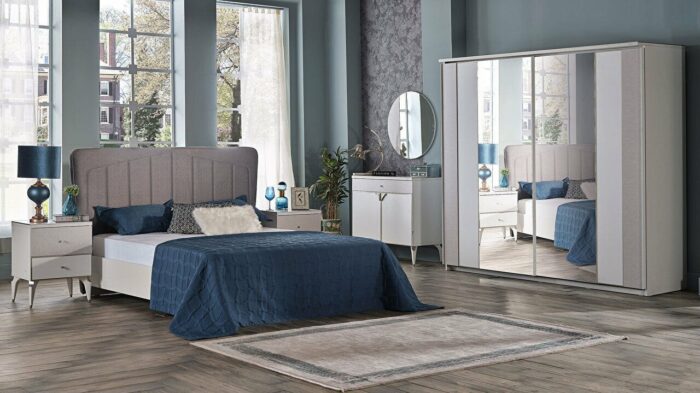 Leny Schlafzimmerset, weißer Schrank mit Spiegel und 2 Nachttischen, komplettes Set Schminktisch