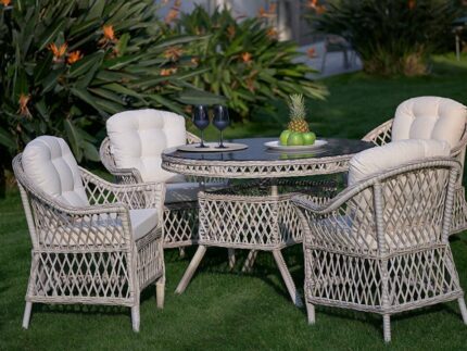 Gartenmöbel, Glory Runder Gartentisch Set, vier beige Gartenstühle