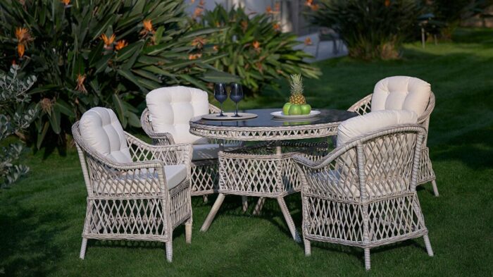 Gartenmöbel, Glory Runder Gartentisch Set, vier beige Gartenstühle