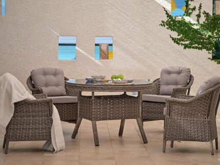 Mozaik Round Garden Table Set, gartenmöbel, vier nerzfarbene Gartenstühle